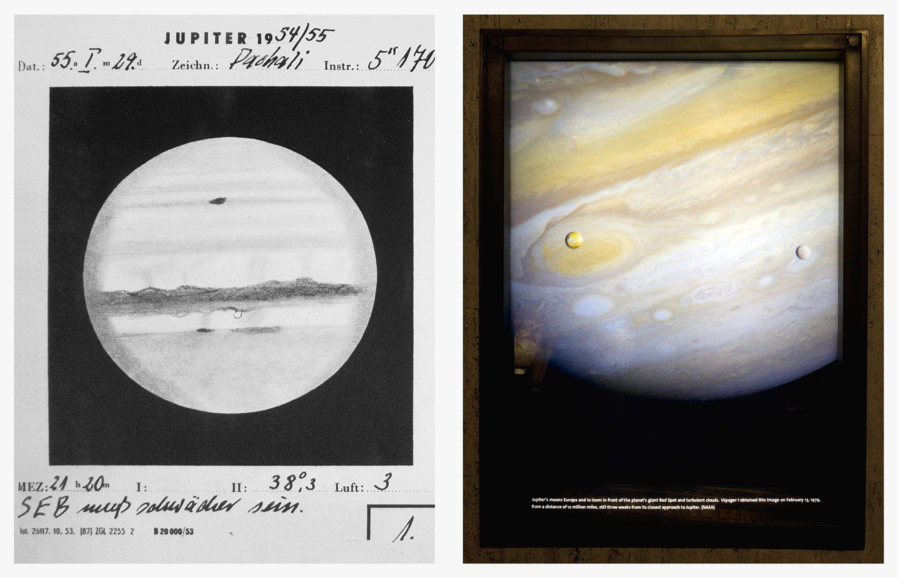 Voyager – The Grand Tour - Until the Voyager mission, research of the outer planets had only been carried out using telescopic observations.  | Photograph of Jupiter with two moons, taken during Voyager 1&rsquo;s Jupiter fly-by,  Griffith Park Observatory.