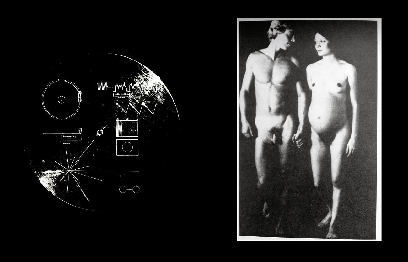 Voyager – The Grand Tour - Engraving on the protective cover of the Golden Record (negative). | The image NASA rejected for inclusion on the Golden Record. Instead, a silhouetted depiction of the image was used. (Photo: George Hester)